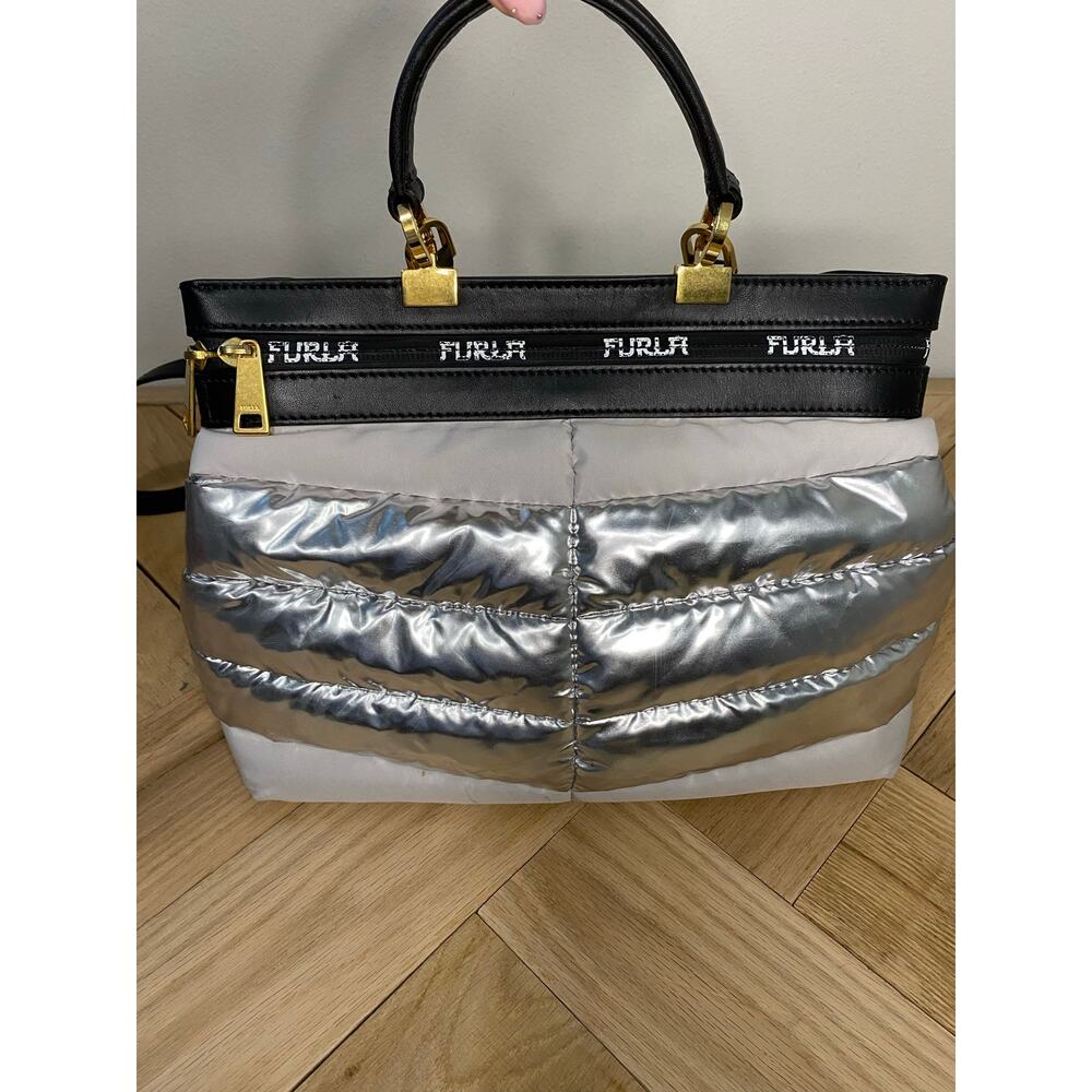 Furla Metallic Silver Puffer Nylon Tote Bag Black Leather Trim - Picture 3 of 7